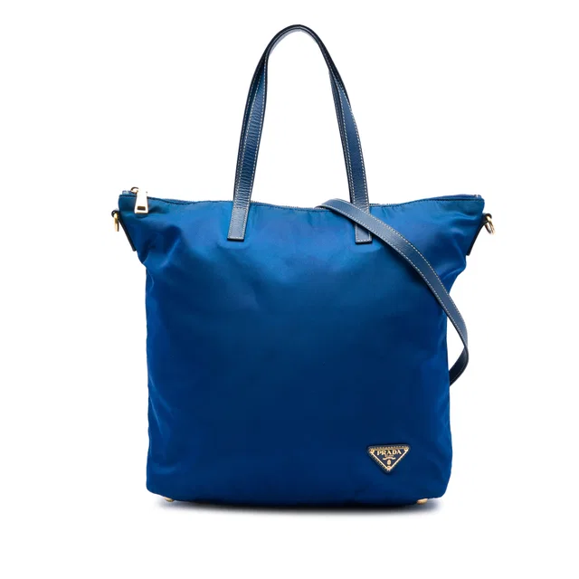 Blue Prada Tessuto Zip Top Convertible Tote Satchel in Blue Nylon from Designer Revival