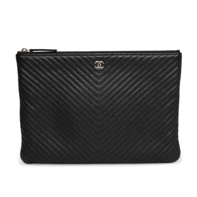 Chanel Chevron Caviar Medium O-Case Pouch in Black Caviar leather from Blue Spinach