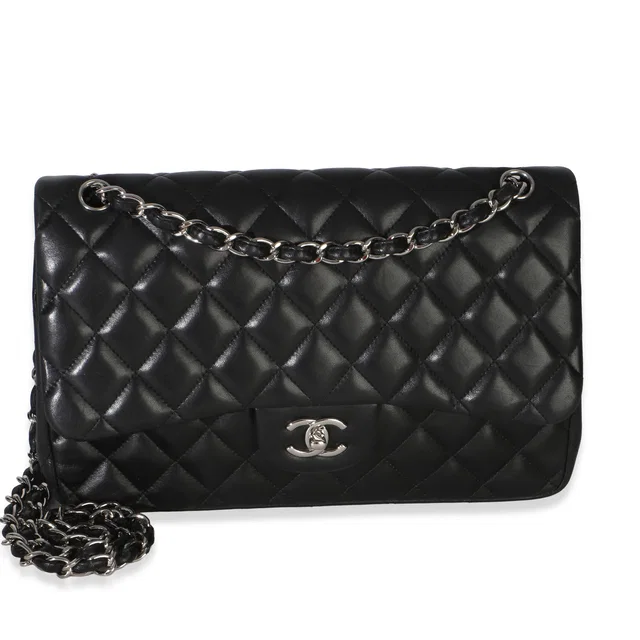 Chanel Black Quilted Lambskin Jumbo Double Flap Bag Leather Handbag in Black Lambskin from HEWI