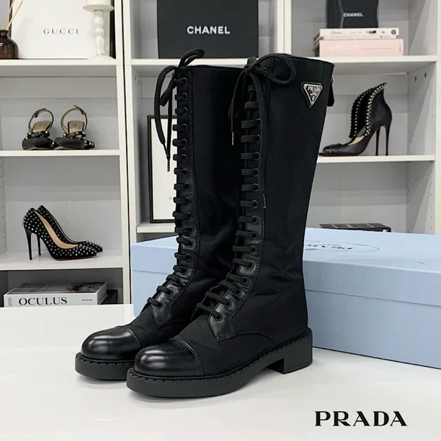 Prada Re-Nylon Triangle Logo Nylon Leather Long Boots in Nylon from The Reluxe