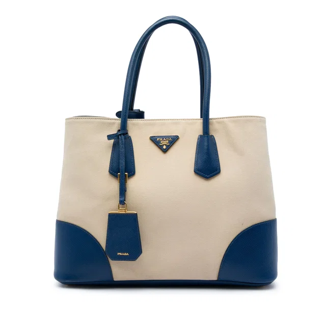 Blue Prada Large Canapa and Saffiano Double Satchel in Blue Saffiano leather from Designer Revival