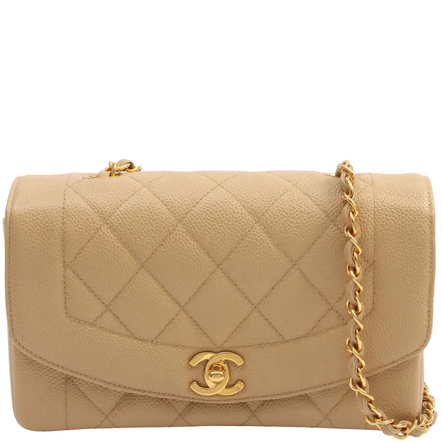 Chanel Diana caviar leather flap chain bag, 22cm, beige, made around 1995 in Beige Caviar leather from VINTAGE QOO TOKYO