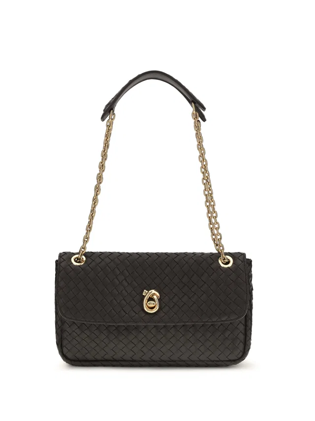 Bottega Veneta Intreccio Shoulder Bag — Black Calf Leather in Black Calfskin from HEWI