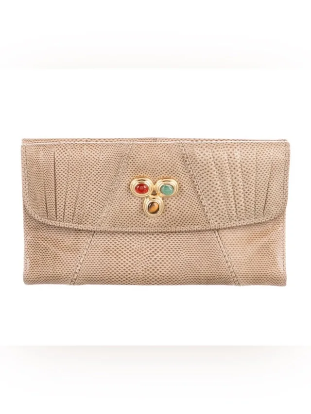 Judith Leiber Beige Textured Clutch With Multicolor Cabochon Accent in gold|neutral|brown Leather from Poshmark