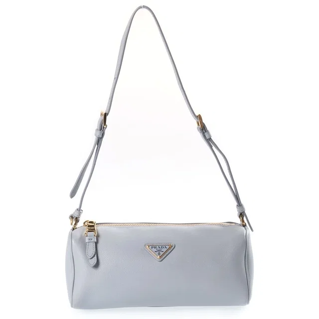 Prada Triangle Logo Shoulder Bag Leather Gold Blue in Blue Leather from The Reluxe