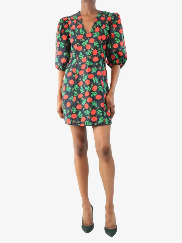 GANNI Black and red floral printed mini dress - size UK 6 in Black from Sign of the Times