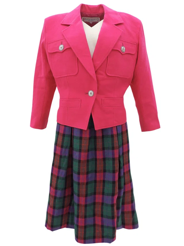 Saint Laurent Checked Pattern Skirt Set-up #M Pink/Multi in Pink Wool from VINTAGE QOO TOKYO