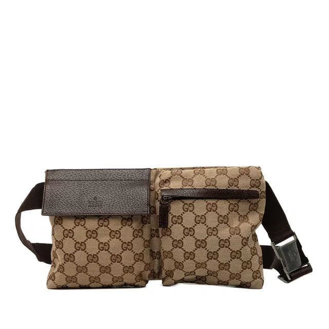 Beige Gucci GG Canvas Double Pocket Belt Bag in Beige Canvas from Designer Revival