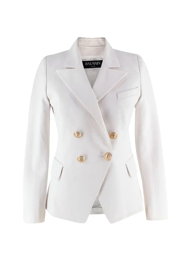 Balmain White Double Breasted Blazer with Gold Button Detail in White from HEWI