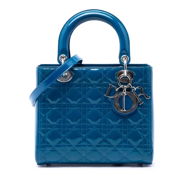 Blue Dior Medium Patent Cannage Lady Dior Satchel in Blue Patent leather from Designer Revival