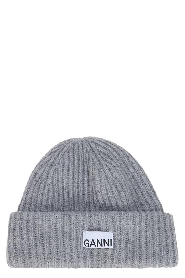 GANNI A4429 Ribbed Wool-Blend Beanie — Gray Beanies in Grey Wool from HEWI