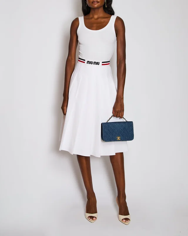 Miu Miu White Pleated Midi Skirt with Logo and Striped Waist Detail Size L (UK 14) in White from Sellier
