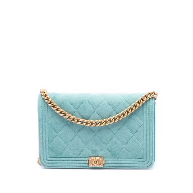 Blue Chanel Quilted Velvet Boy Wallet On Chain Crossbody Bag in Blue Velvet from Designer Revival