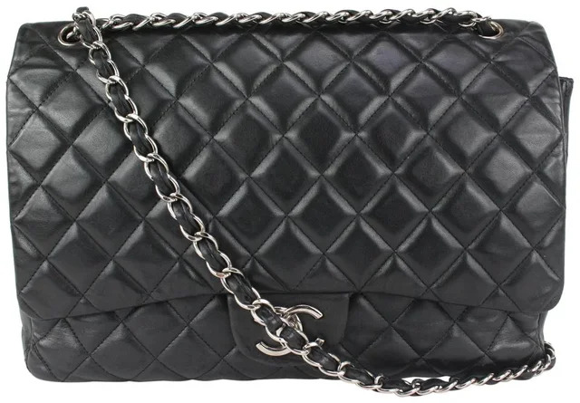 Chanel Black Quilted Lambskin Maxi Classic Double Flap Silver Chain in Black Lambskin from Bagriculture