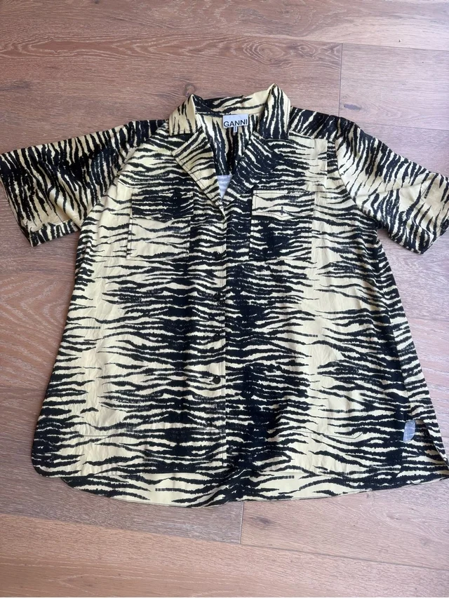 GANNI Black And Yellow Tiger Stripe Short Sleeve Satin Shirt in yellow|black Satin from Poshmark
