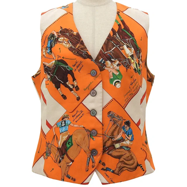 Hermès Le Grand Prix de Polo de Bagatelle Pattern Vest #40 Orange/Ivory in White Silk from VINTAGE QOO TOKYO
