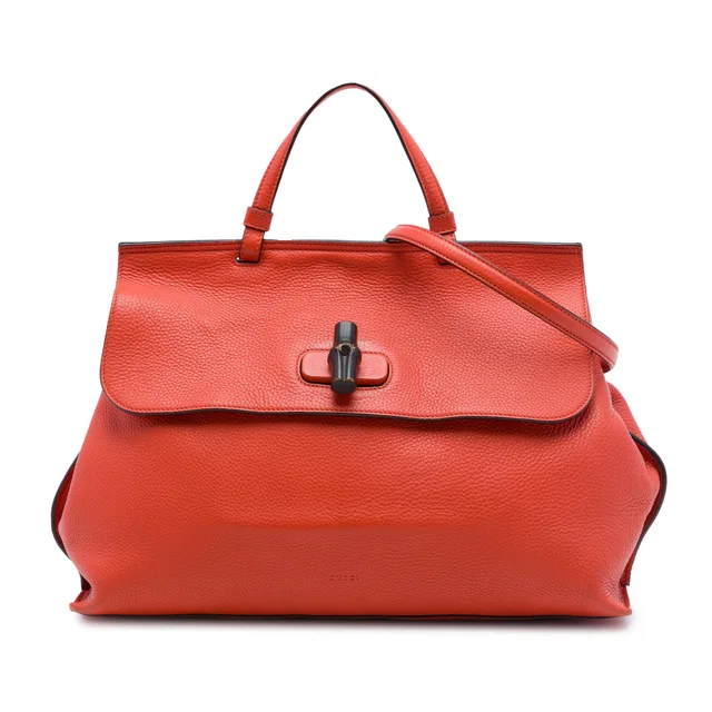 Orange Gucci Large Calfskin Bamboo Daily Satchel in Orange Calfskin from Designer Revival