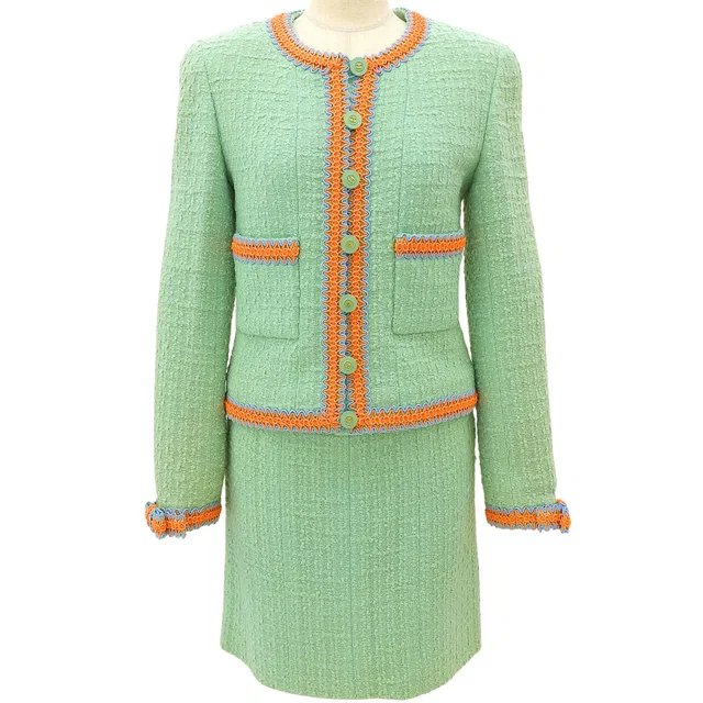 Chanel 1994 Tweed CC Mark Button Trim Design Set-Up #34 Mint Green/Multi in Green Tweed from VINTAGE QOO TOKYO