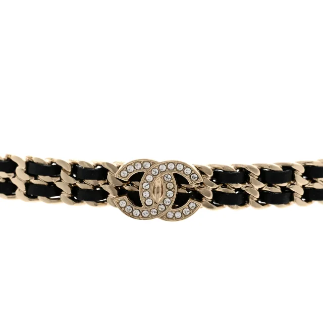 Chanel Metal Lambskin Crystal CC Choker Necklace Black Gold in Black Lambskin from FASHIONPHILE, photo 4 of 6