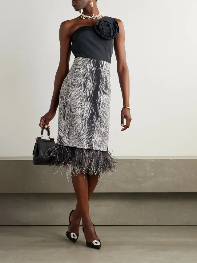 DOLCE&GABBANA Feather-trimmed printed stretch-silk charmeuse skirt, photo 2 of 2 from NET-A-PORTER (Canada)