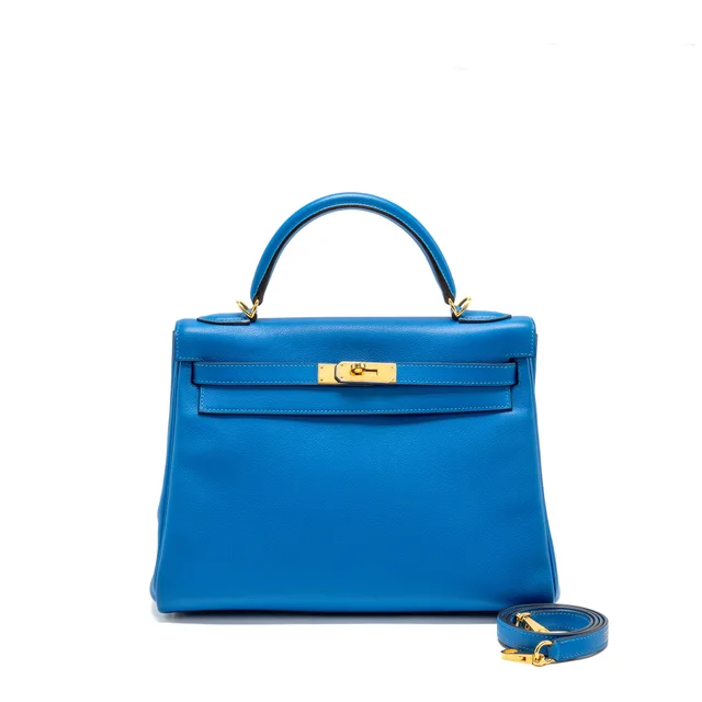 Hermès Kelly 32 Evercolor Blue Hydra GHW Stamp X in Blue Leather from EMIER