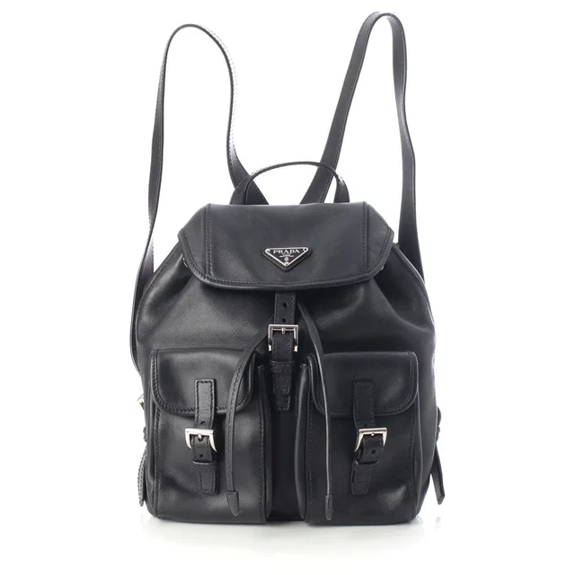 Prada Leather Backpack Triangle Logo Black in Black Leather from The Reluxe