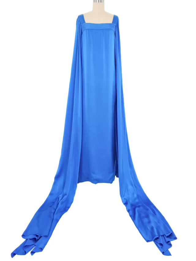 1978 Christian Dior Couture Cobalt Split Sleeve Gown in Satin from Arcade Vintage