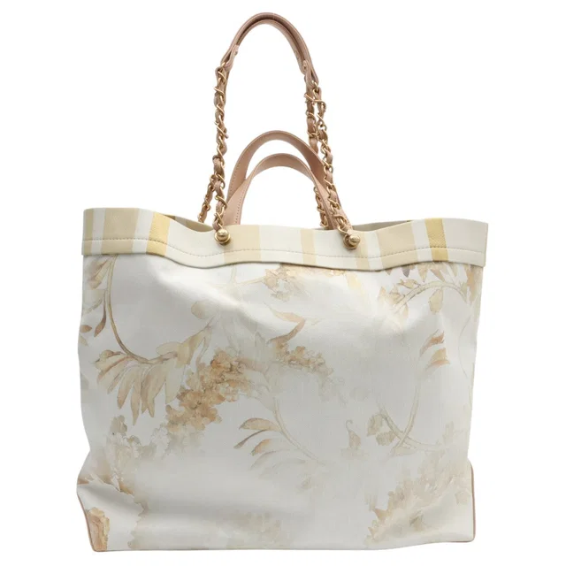 Chanel 2018 Canvas CC Mark Flower Pattern 2-Way Tote Bag White/Beige in White Canvas from VINTAGE QOO TOKYO