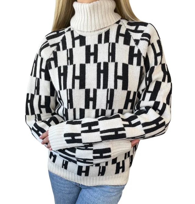 Hermès Vintage H Monogram Logo Turtleneck Sweater Top #S Cream Black Wool in Black Wool from Luxury Promise