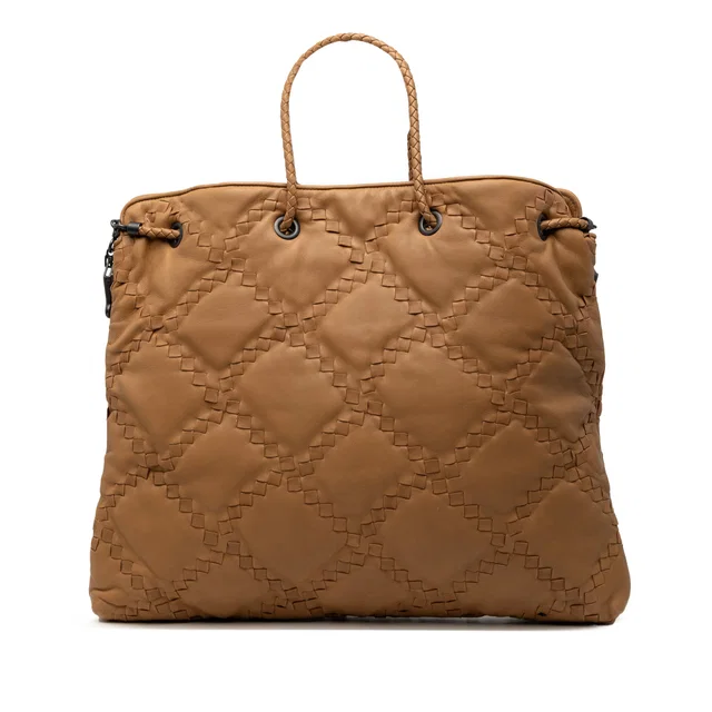 Brown Bottega Veneta Intrecciato Trimmed Leather Croisette Drawstring Tote in Brown Woven leather from Designer Revival