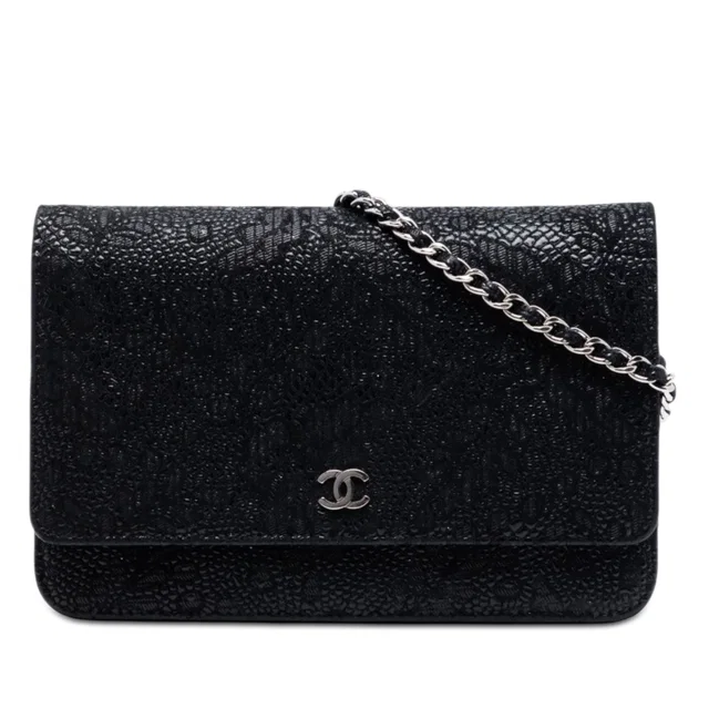 Black Chanel CC Lace Overlay Goatskin Wallet On Chain Crossbody Bag in Black Goatskin from Designer Revival, photo 1 of 1