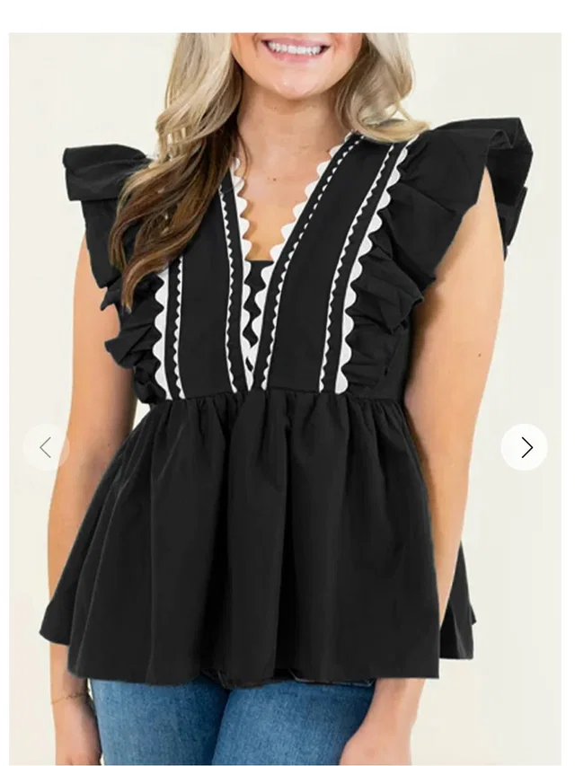 Etro Black Peplum Ruffle V-Neck Top With White Trim in black|white from Poshmark