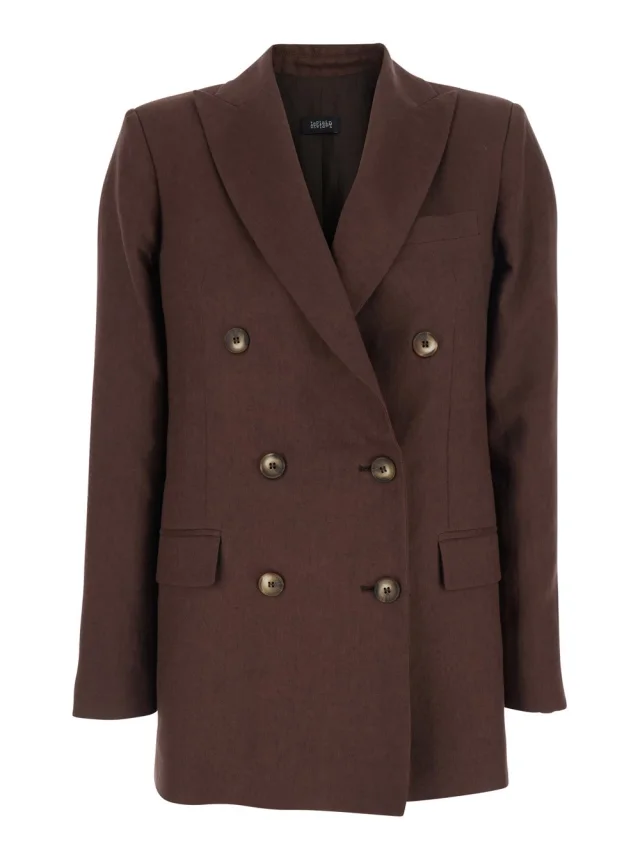 Brown Double-breasted Jacket with Peak Revers in Linen for Women in Brown, image 1 of 1 from Gaudenzi Boutique