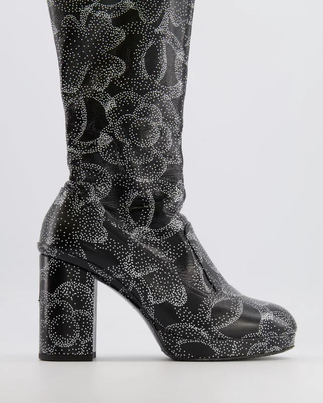 Chanel 23K Runway Camellia and CC Logo Print Heeled Boots in Black Crumpled Leather Size EU 39C in Black Leather from Sellier