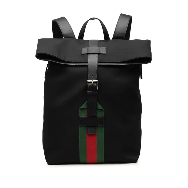 Black Gucci Canvas Techno Web Fold Over Backpack in Black Canvas from Designer Revival