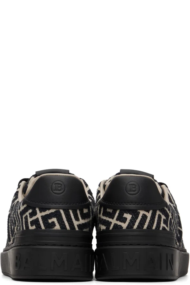 BALMAIN Black & Beige Monogram Jacquard B-Court Sneakers, photo 2 of 5 from SSENSE