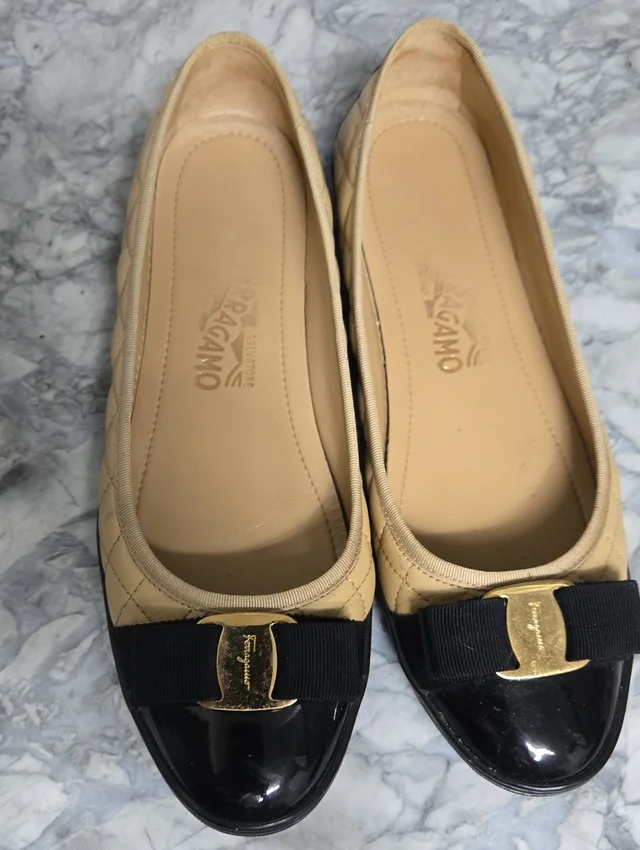Ferragamo Beige And Black Vara Bow Ballet Flats in brown|neutral|black Patent leather from Poshmark