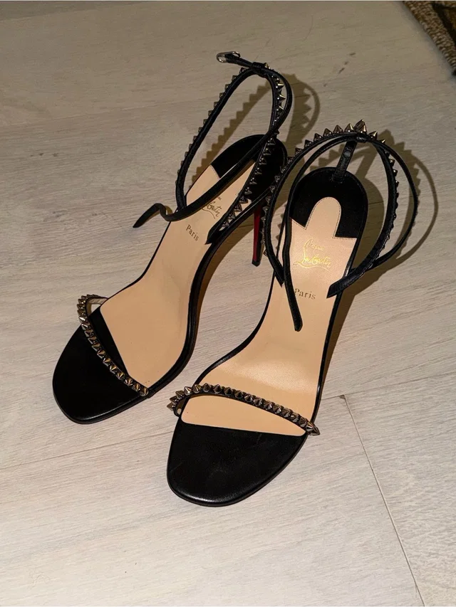 Christian Louboutin Studded Open-Toe Ankle-Strap Heels in black Leather from Poshmark