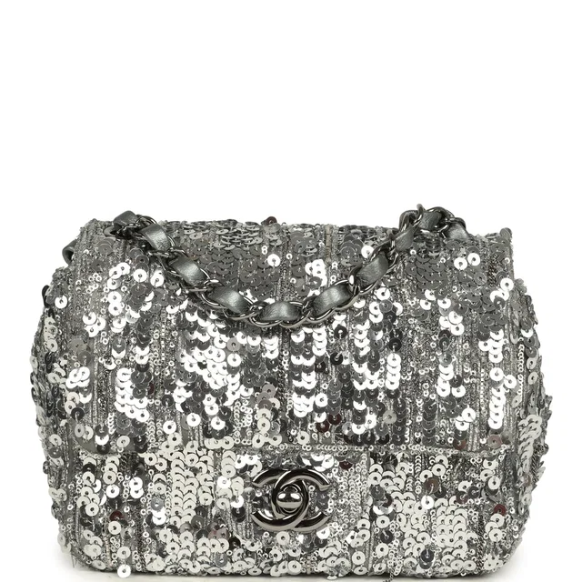 Chanel Mini Classic Square Flap Bag Metallic Silver Sequins Ruthenium Hardware in Silver Satin from Madison Avenue Couture
