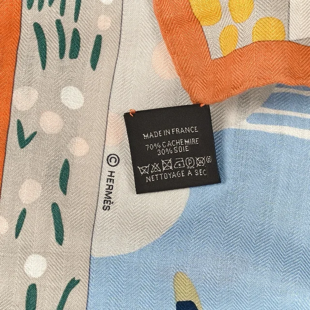 Hermès Cashmere Silk Le Livre D'Esope Shawl 140 Orange Vert Bleu Ciel in Blue Silk from FASHIONPHILE, photo 3 of 3