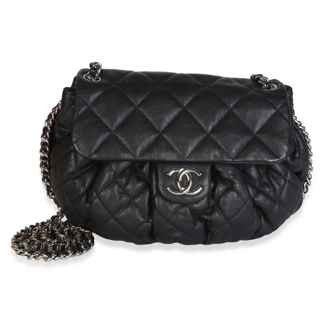 Chanel Black Washed Quilted Lambskin Medium Chain Around Flap Bag in Black Lambskin from myGemma