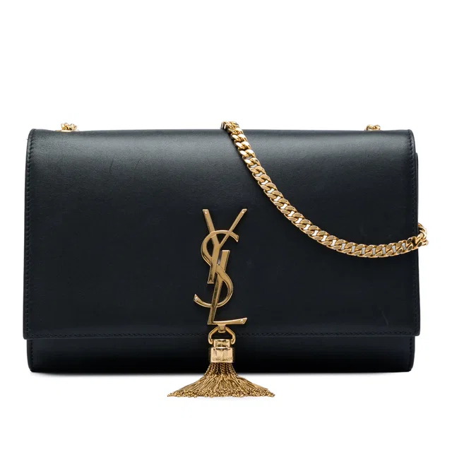 Black Saint Laurent Medium Smooth Calfskin Classic Monogram Kate Tassel Crossbody in Black Calfskin from Designer Revival