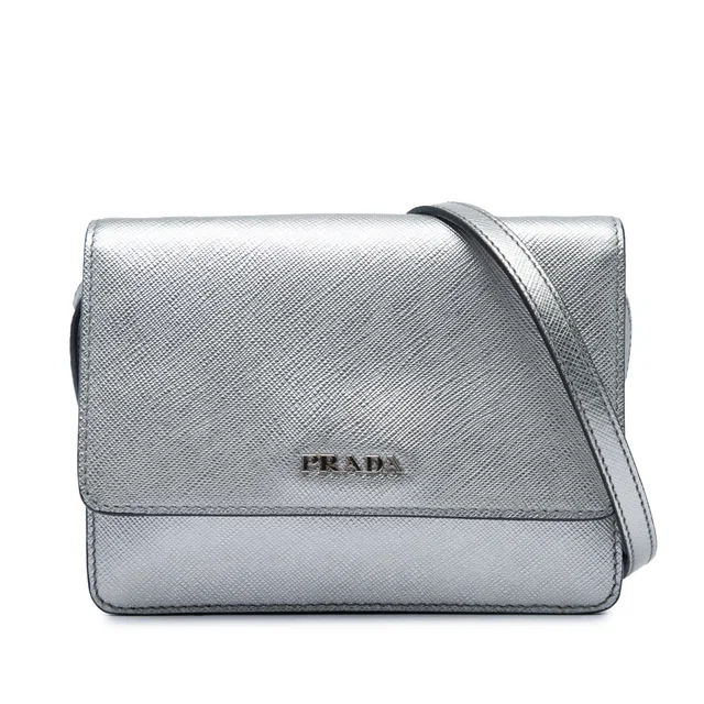 Silver Prada Saffiano Wallet on Strap Crossbody Bag in Silver Saffiano leather from Designer Revival