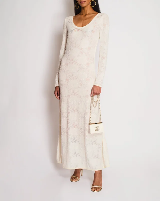Chanel Cream Long Sleeve Camellia Knitted Maxi Dress Size FR 38 (UK 10) in White from Sellier