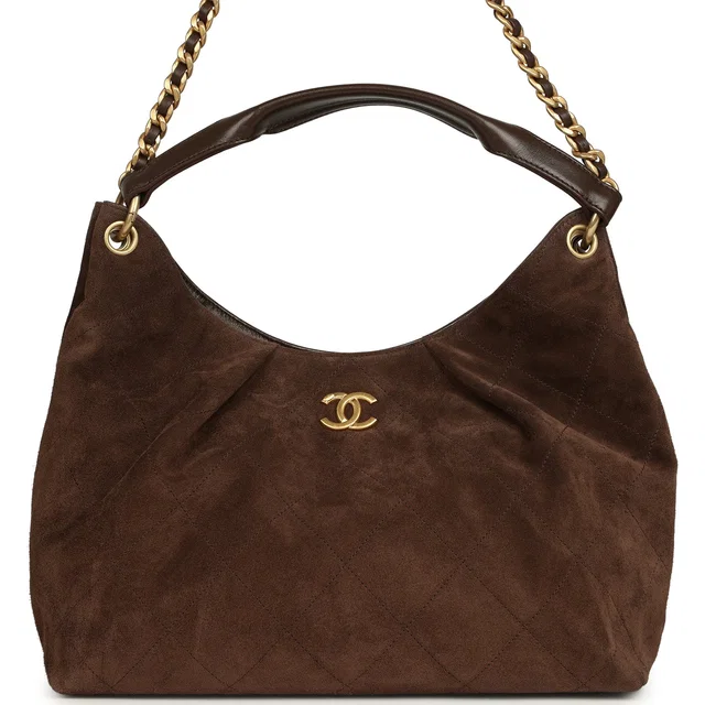 Chanel Maxi Hobo Bag Dark Brown Suede Antique Gold Hardware in Brown Suede from Madison Avenue Couture