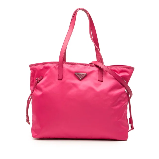 Pink Prada Saffiano Trimmed Tessuto Open Convertible Tote Satchel in Pink Saffiano leather from Designer Revival
