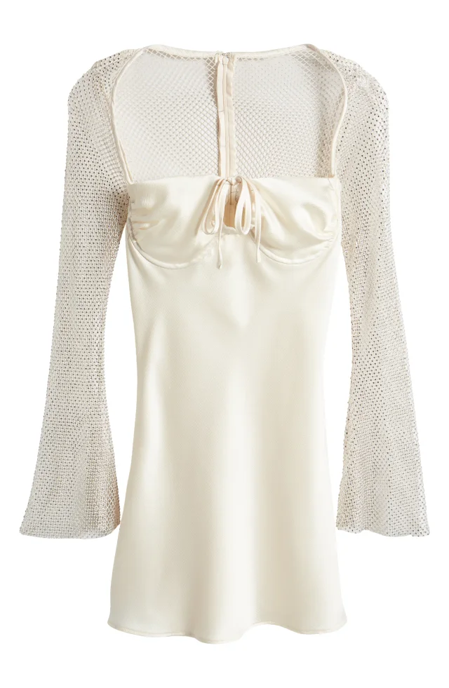 Rare London Diamante Long Sleeve Satin & Mesh Cocktail Minidress in Beige, photo 5 of 6 from Nordstrom Rack
