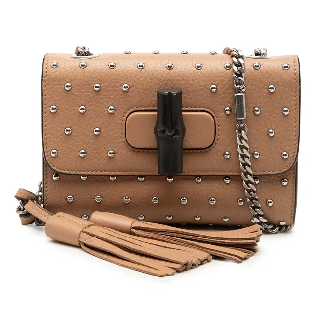 Beige Gucci Small Calfskin Studded Miss Bamboo Crossbody in Beige Calfskin from Designer Revival