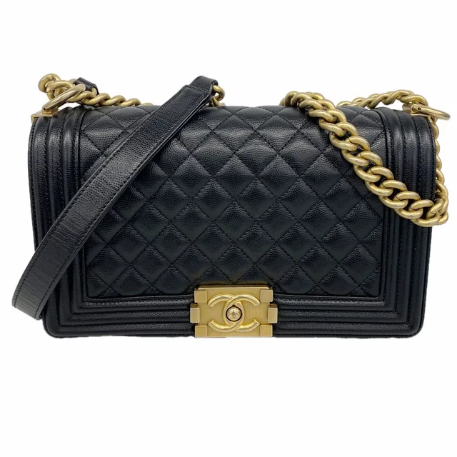 Chanel Shoulder Bag Boy Caviar Leather Black Champagne Gold in Black Caviar leather from The Reluxe