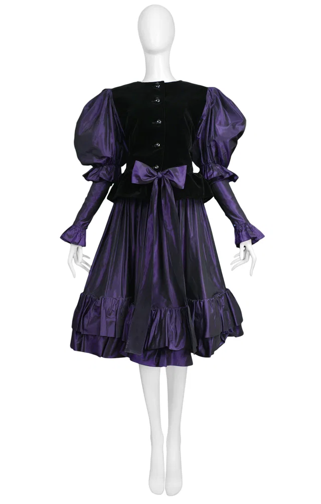 Saint Laurent Black Velvet & Purple Taffeta Ensemble 1982 in Black Velvet from Resurrection Vintage